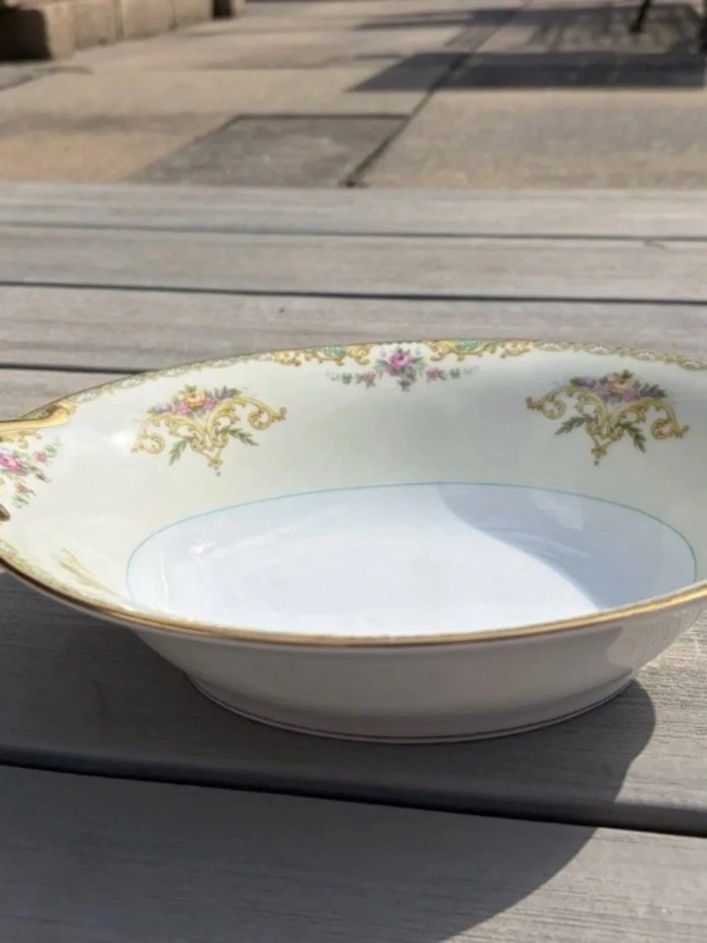 Elegant White Porcelain Serving Bowl with Gold and Floral Trim